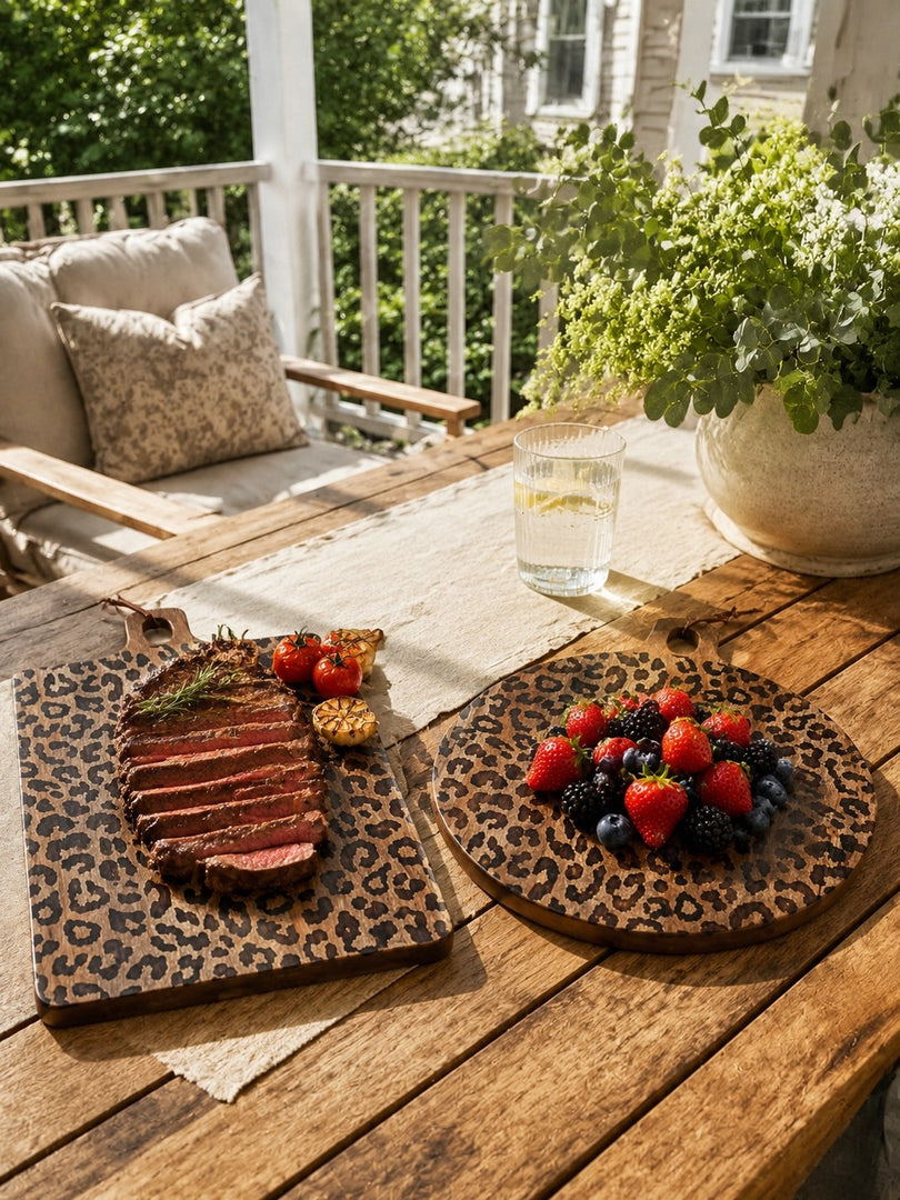 Tabla sólida de madera de sapele con diseño de leopardo - Accesorio funcional para comedor y cocina