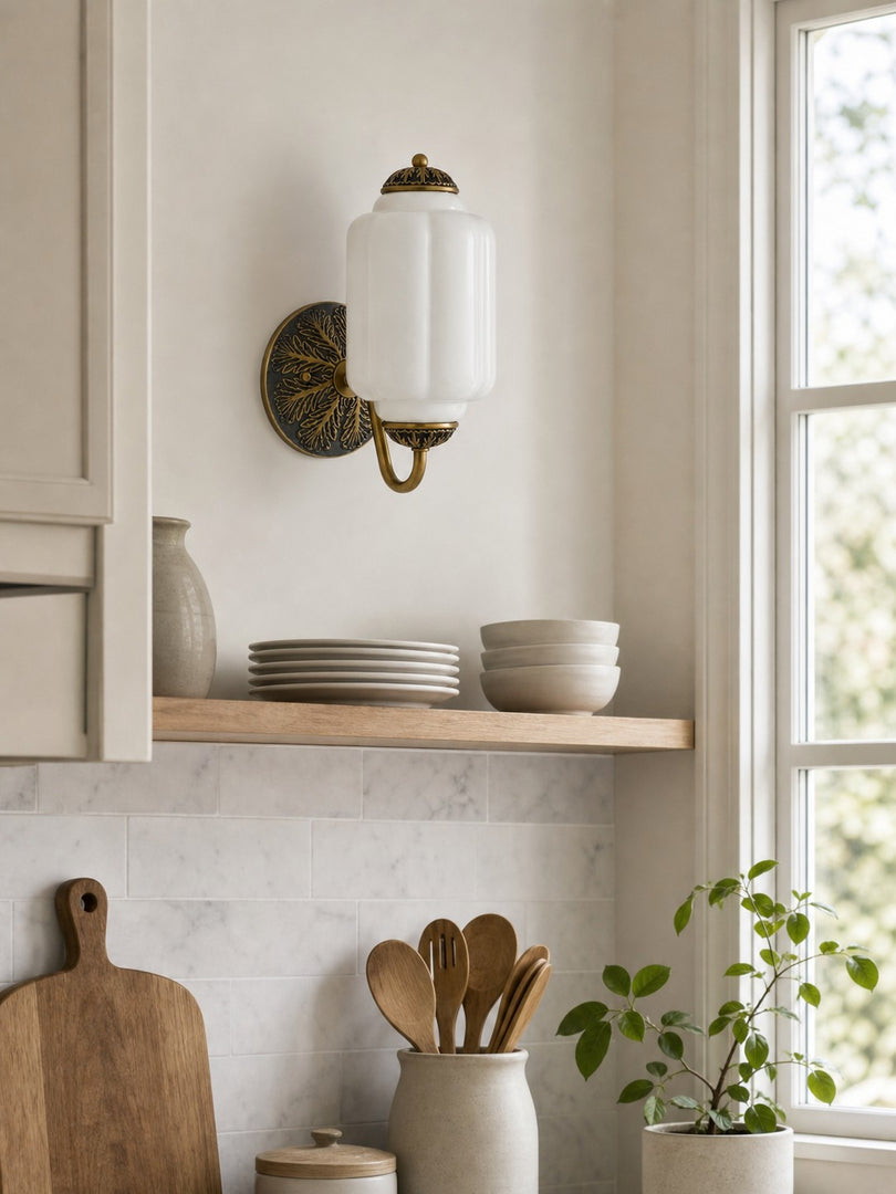 Eloise Vintage Scalloped Milk Glass Wall Sconce - Modern Accent Lighting for Bathroom and Bedroom