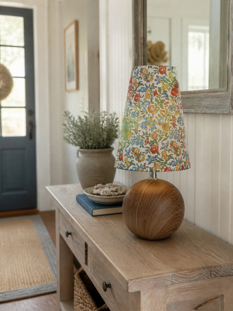 Florence Floral Fabric Table Lamp – Vintage Wood Base Bedside Light for Bedroom, Reading Nook