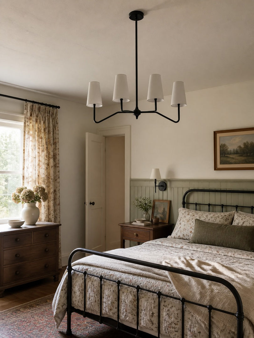 Strellux 4-Light Linear Chandelier with White Fabric Drum Shades, Brass or Black Dining Room and Kitchen Island Lighting