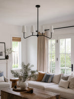 Load image into Gallery viewer, Strellux 4-Light Linear Chandelier with White Fabric Drum Shades, Brass or Black Dining Room and Kitchen Island Lighting