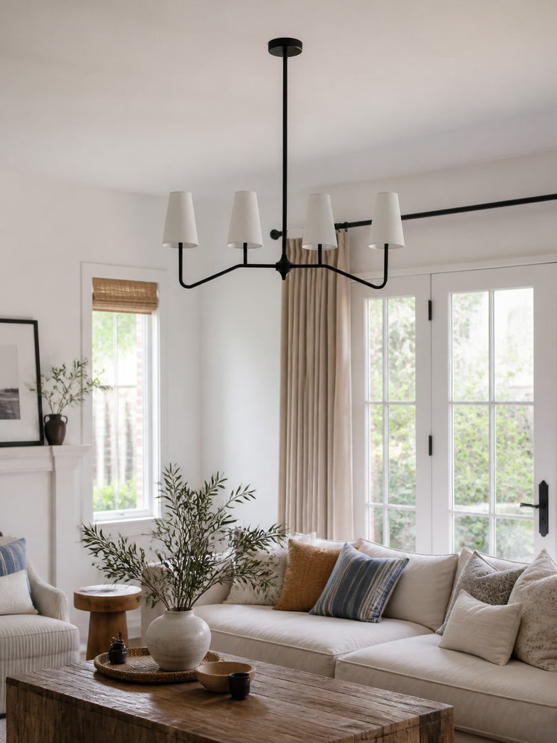 Strellux 4-Light Linear Chandelier with White Fabric Drum Shades, Brass or Black Dining Room and Kitchen Island Lighting