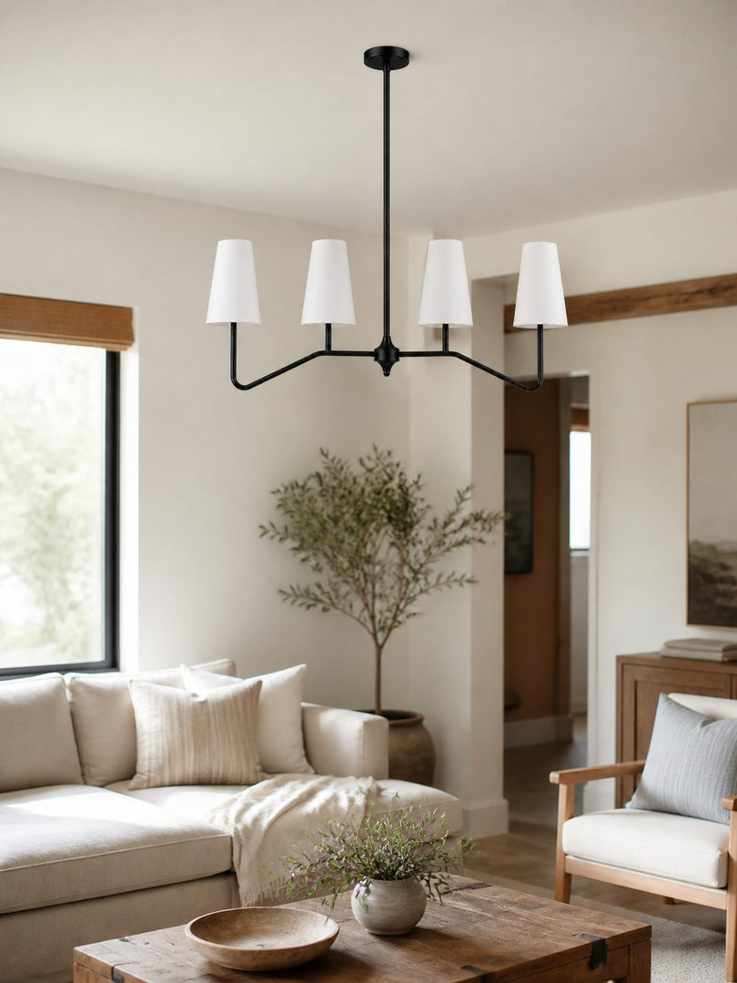 Strellux 4-Light Linear Chandelier with White Fabric Drum Shades, Brass or Black Dining Room and Kitchen Island Lighting