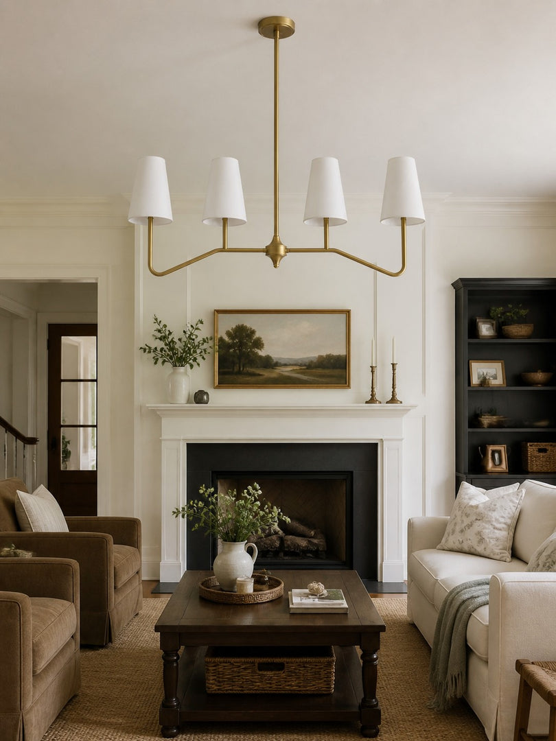 Strellux 4-Light Linear Chandelier with White Fabric Drum Shades, Brass or Black Dining Room and Kitchen Island Lighting