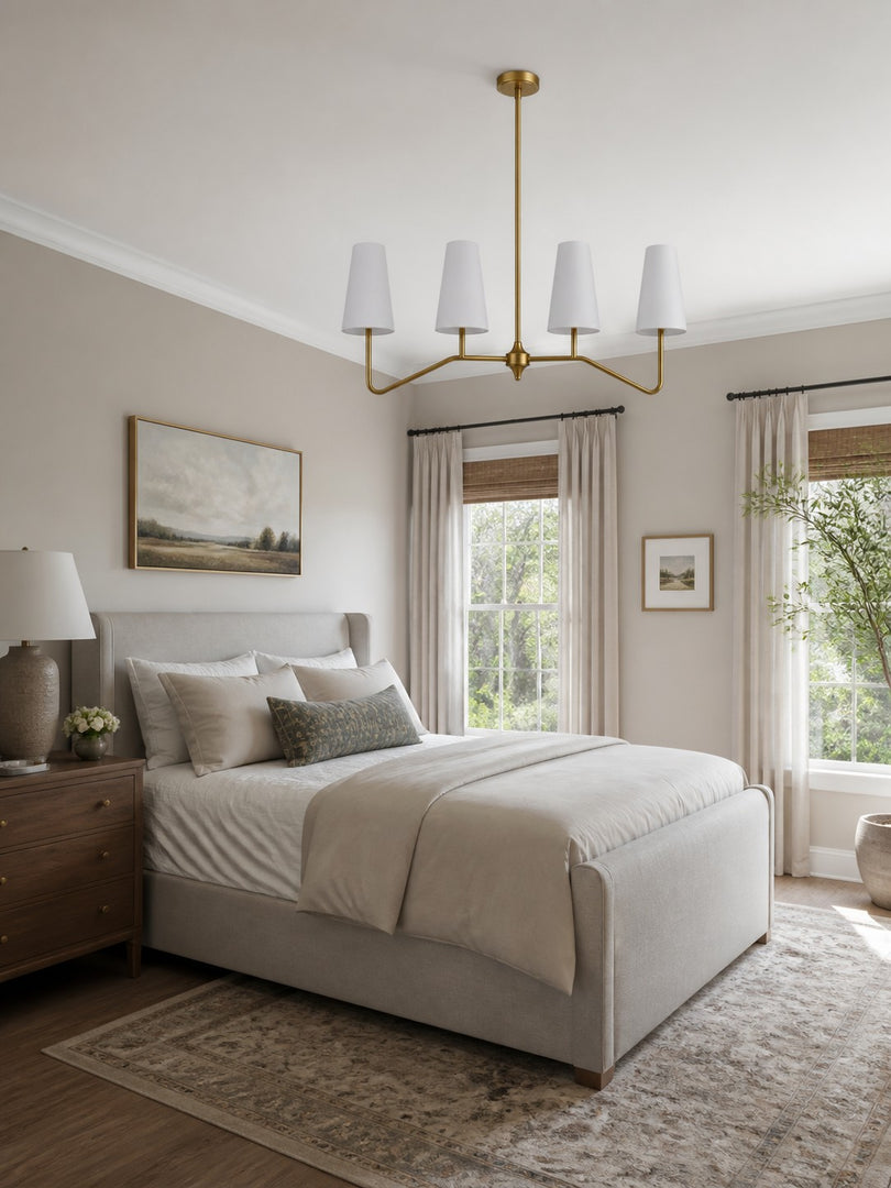 Strellux 4-Light Linear Chandelier with White Fabric Drum Shades, Brass or Black Dining Room and Kitchen Island Lighting