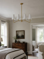 Load image into Gallery viewer, Strellux 4-Light Linear Chandelier with White Fabric Drum Shades, Brass or Black Dining Room and Kitchen Island Lighting