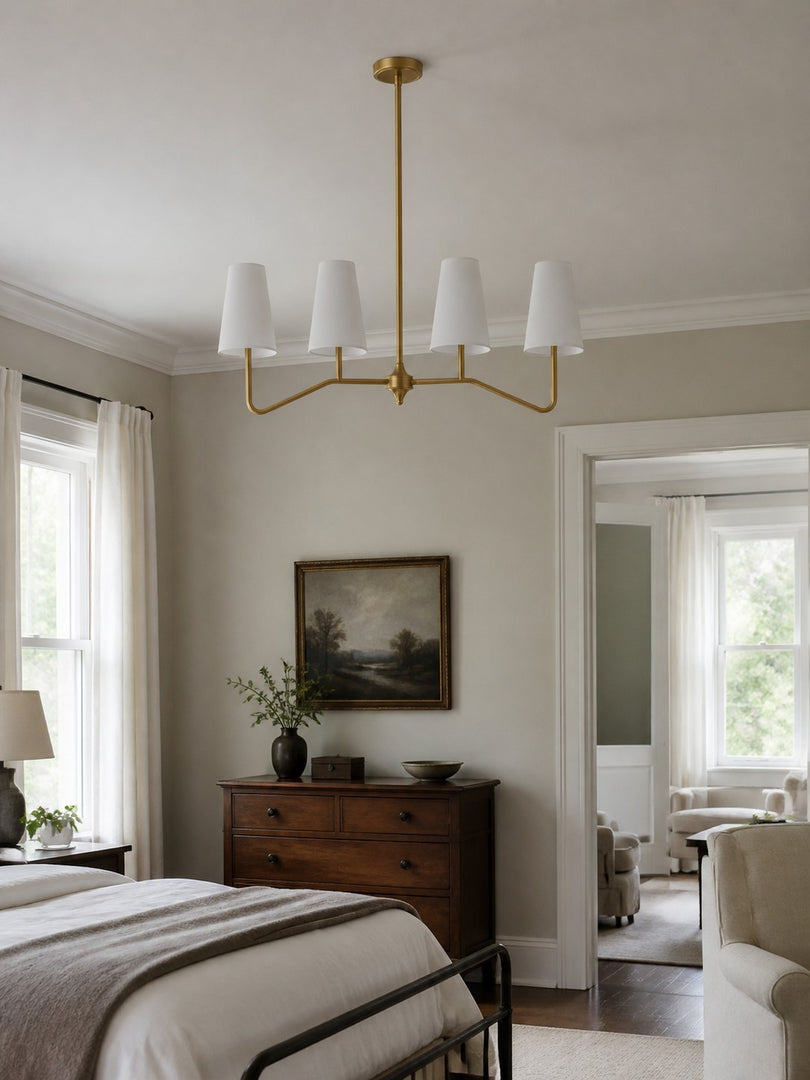Strellux 4-Light Linear Chandelier with White Fabric Drum Shades, Brass or Black Dining Room and Kitchen Island Lighting