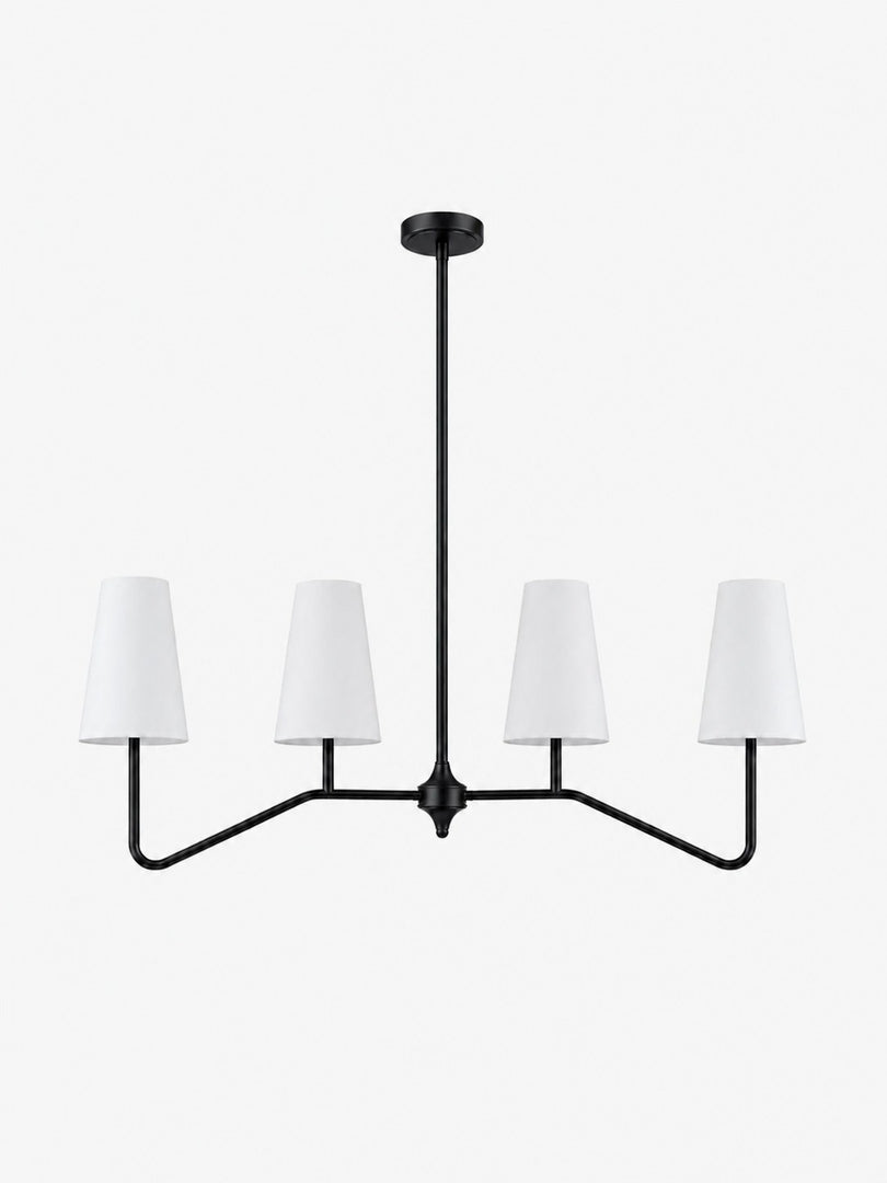 Strellux 4-Light Linear Chandelier with White Fabric Drum Shades, Brass or Black Dining Room and Kitchen Island Lighting