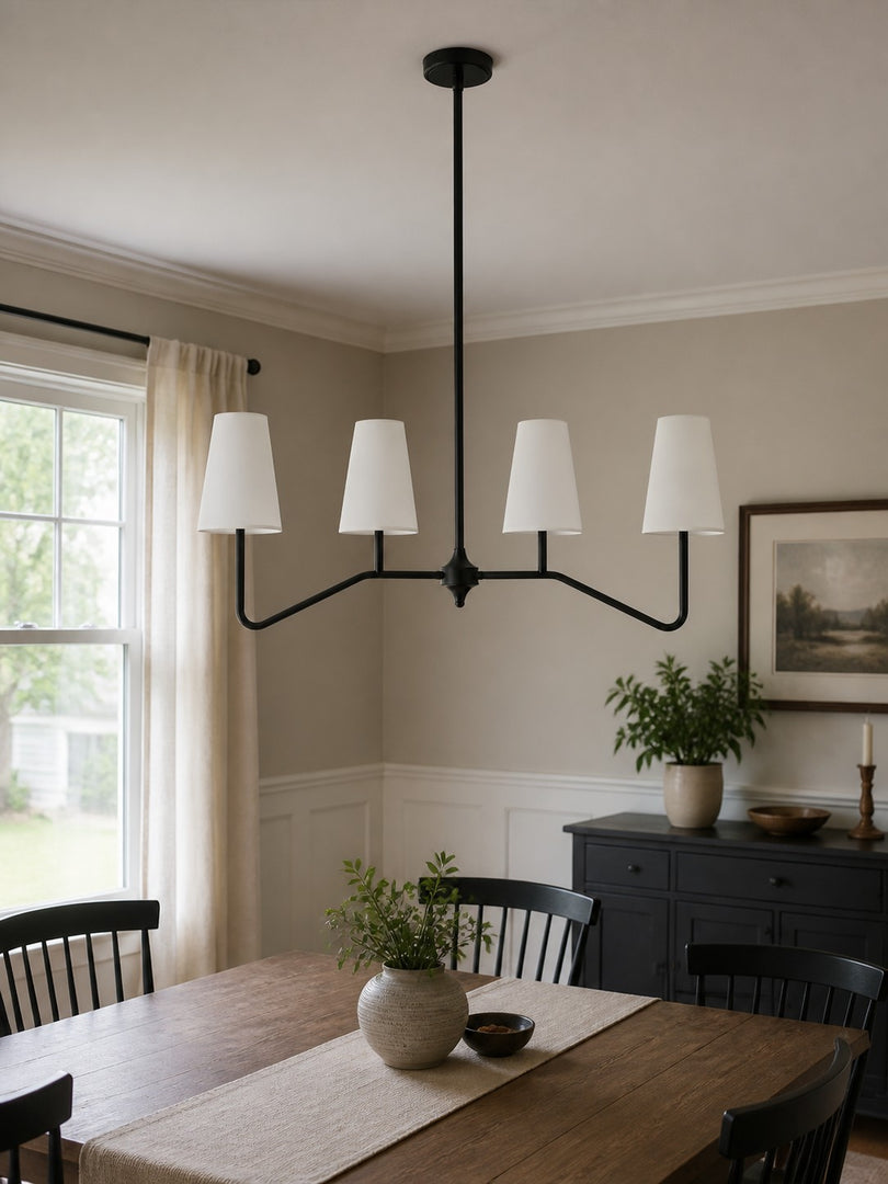 Strellux 4-Light Linear Chandelier with White Fabric Drum Shades, Brass or Black Dining Room and Kitchen Island Lighting