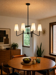 Strellux 4-Light Linear Chandelier with White Fabric Drum Shades, Brass or Black Dining Room and Kitchen Island Lighting