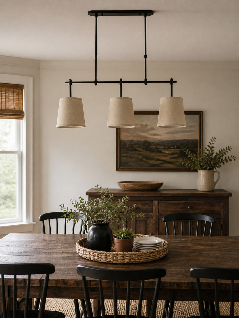 Lámpara de araña lineal moderna de 3 luces con pantalla cilíndrica y pantallas de tela para comedores e iluminación de islas de cocina
