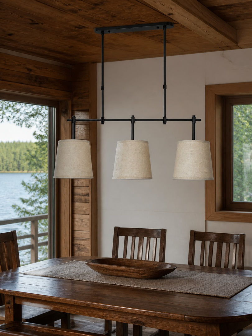 Lámpara de araña lineal moderna de 3 luces con pantalla cilíndrica y pantallas de tela para comedores e iluminación de islas de cocina