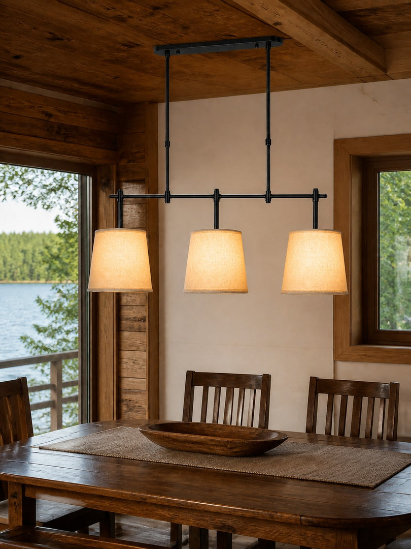 Lámpara de araña lineal moderna de 3 luces con pantalla cilíndrica y pantallas de tela para comedores e iluminación de islas de cocina
