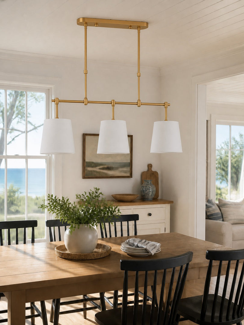 Lámpara de araña lineal moderna de 3 luces con pantalla cilíndrica y pantallas de tela para comedores e iluminación de islas de cocina