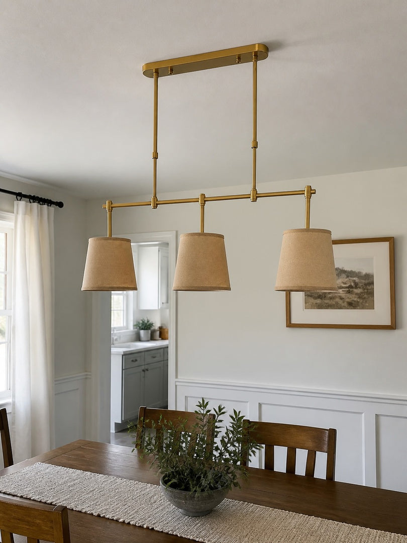 Lámpara de araña lineal moderna de 3 luces con pantalla cilíndrica y pantallas de tela para comedores e iluminación de islas de cocina