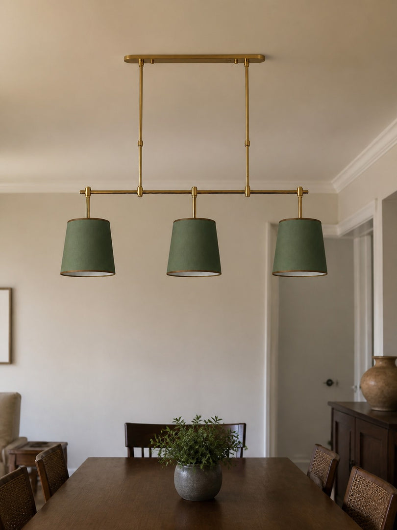 Lámpara de araña lineal moderna de 3 luces con pantalla cilíndrica y pantallas de tela para comedores e iluminación de islas de cocina