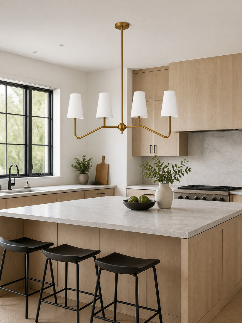 Strellux 4-Light Linear Chandelier with White Fabric Drum Shades, Brass or Black Dining Room and Kitchen Island Lighting