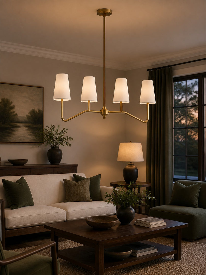 Strellux 4-Light Linear Chandelier with White Fabric Drum Shades, Brass or Black Dining Room and Kitchen Island Lighting