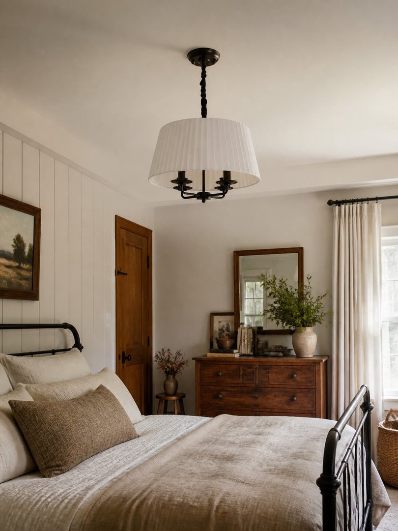 Tela French Style 4-Light Pleated Fabric Shade Chandelier with Painted Iron Frame for Bedroom and Dining Room