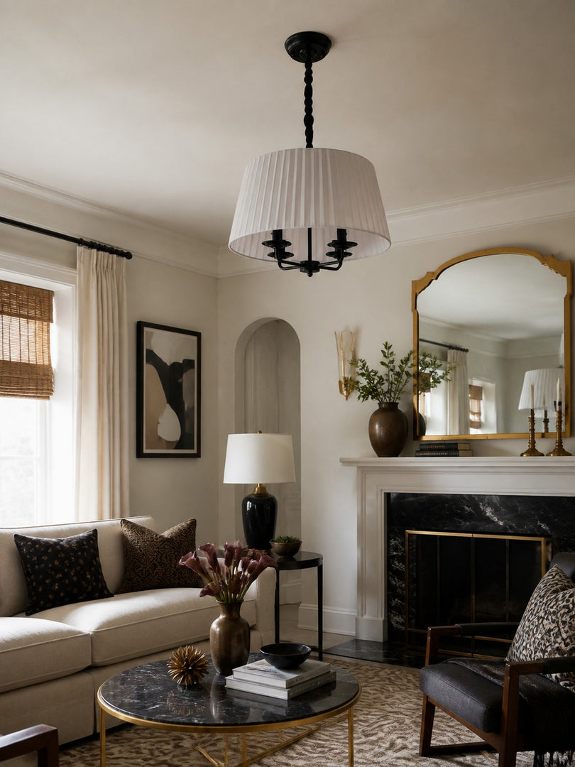 Tela French Style 4-Light Pleated Fabric Shade Chandelier with Painted Iron Frame for Bedroom and Dining Room