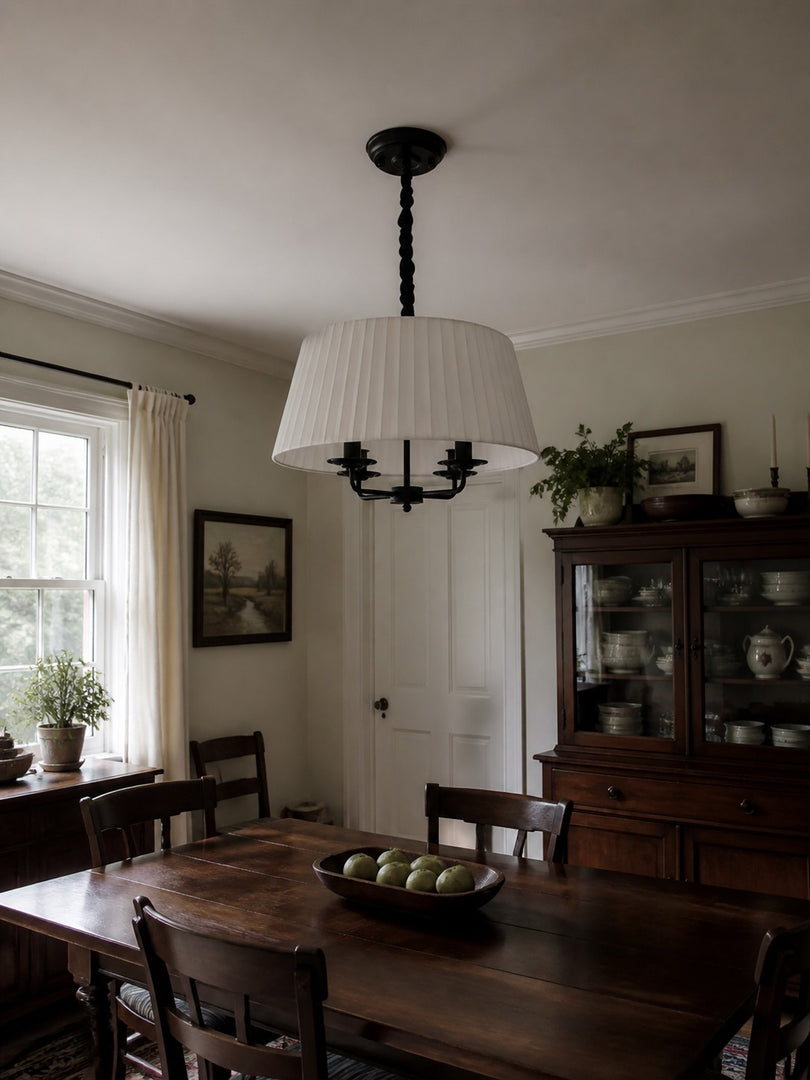 Tela French Style 4-Light Pleated Fabric Shade Chandelier with Painted Iron Frame for Bedroom and Dining Room
