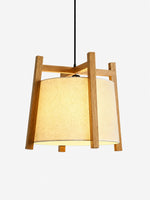 Cargar imagen en el visor de la Galería, Lámpara colgante japonesa con estructura de madera y pantalla de tela: acabado de madera natural o nogal para el comedor y la isla de cocina