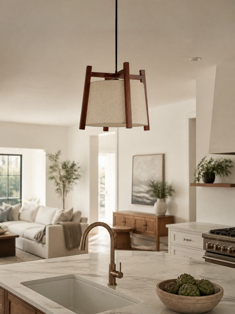 Lámpara colgante japonesa con estructura de madera y pantalla de tela: acabado de madera natural o nogal para el comedor y la isla de cocina