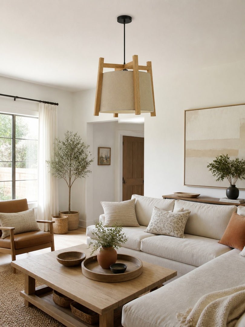 Lámpara colgante japonesa con estructura de madera y pantalla de tela: acabado de madera natural o nogal para el comedor y la isla de cocina