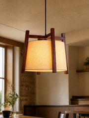 Japanese Wood Frame Pendant Light with Fabric Shade - Natural Wood or Walnut Finish for Dining Room and Kitchen Island