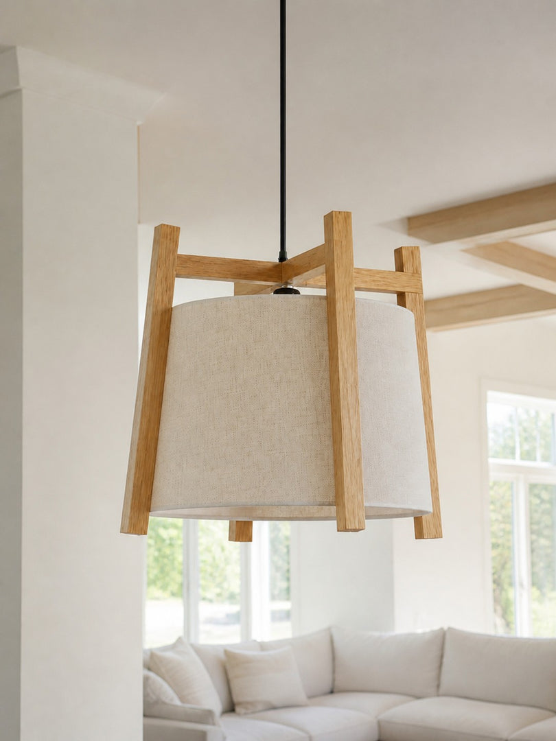 Lámpara colgante japonesa con estructura de madera y pantalla de tela: acabado de madera natural o nogal para el comedor y la isla de cocina