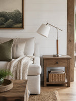 Charger l'image dans la visionneuse de galerie, Lampe de table vintage de style Bauhaus à bras articulé, avec abat-jour en tissu blanc et accent en bois, idéale pour la lecture au chevet ou sur un bureau