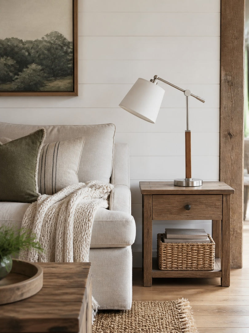 Lampe de table vintage de style Bauhaus à bras articulé, avec abat-jour en tissu blanc et accent en bois, idéale pour la lecture au chevet ou sur un bureau