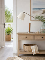 Charger l'image dans la visionneuse de galerie, Lampe de table vintage de style Bauhaus à bras articulé, avec abat-jour en tissu blanc et accent en bois, idéale pour la lecture au chevet ou sur un bureau