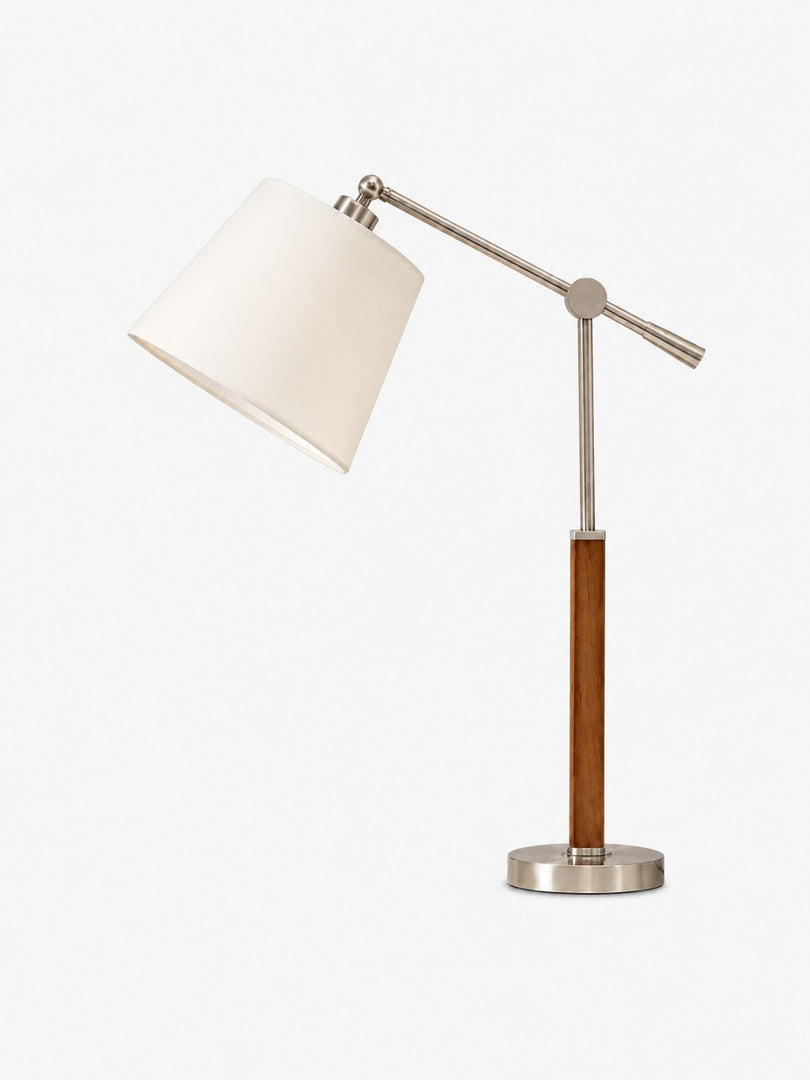 Lampe de table vintage de style Bauhaus à bras articulé, avec abat-jour en tissu blanc et accent en bois, idéale pour la lecture au chevet ou sur un bureau