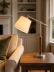 Vintage Bauhaus Swing Arm Table Lamp with White Fabric Shade – Wood Accent for Bedside Reading or Desk