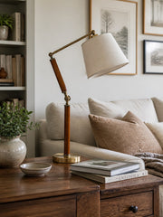 Lámpara de mesa ajustable de madera maciza con pantalla de tela para escritorio, mesita de noche y rincones de lectura