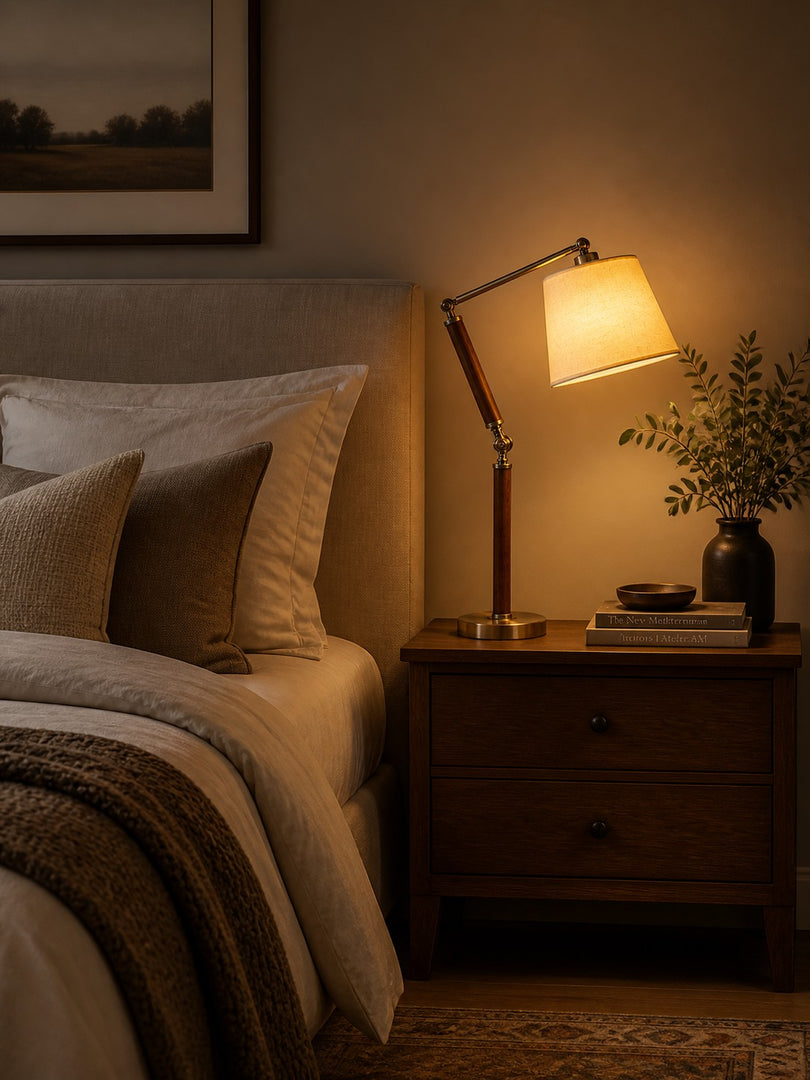 Lampe de table réglable en bois massif avec abat-jour en tissu, pour bureau, table de chevet et coin lecture