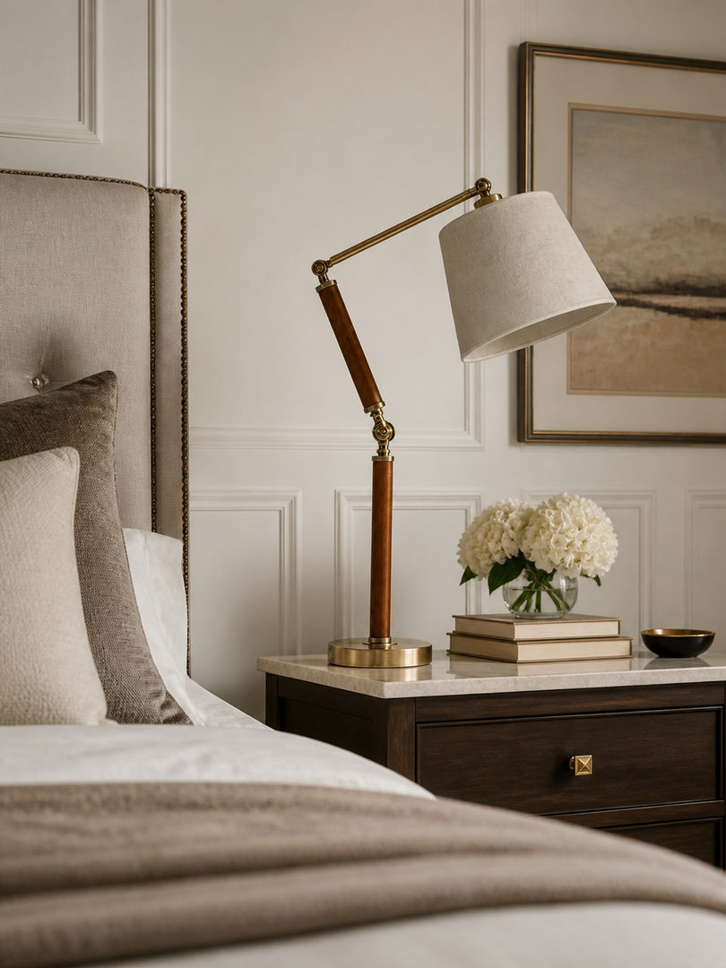 Lampe de table réglable en bois massif avec abat-jour en tissu, pour bureau, table de chevet et coin lecture