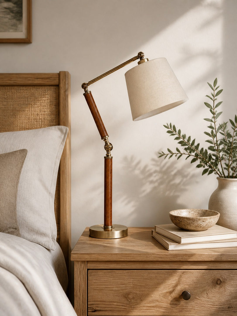 Lampe de table réglable en bois massif avec abat-jour en tissu, pour bureau, table de chevet et coin lecture