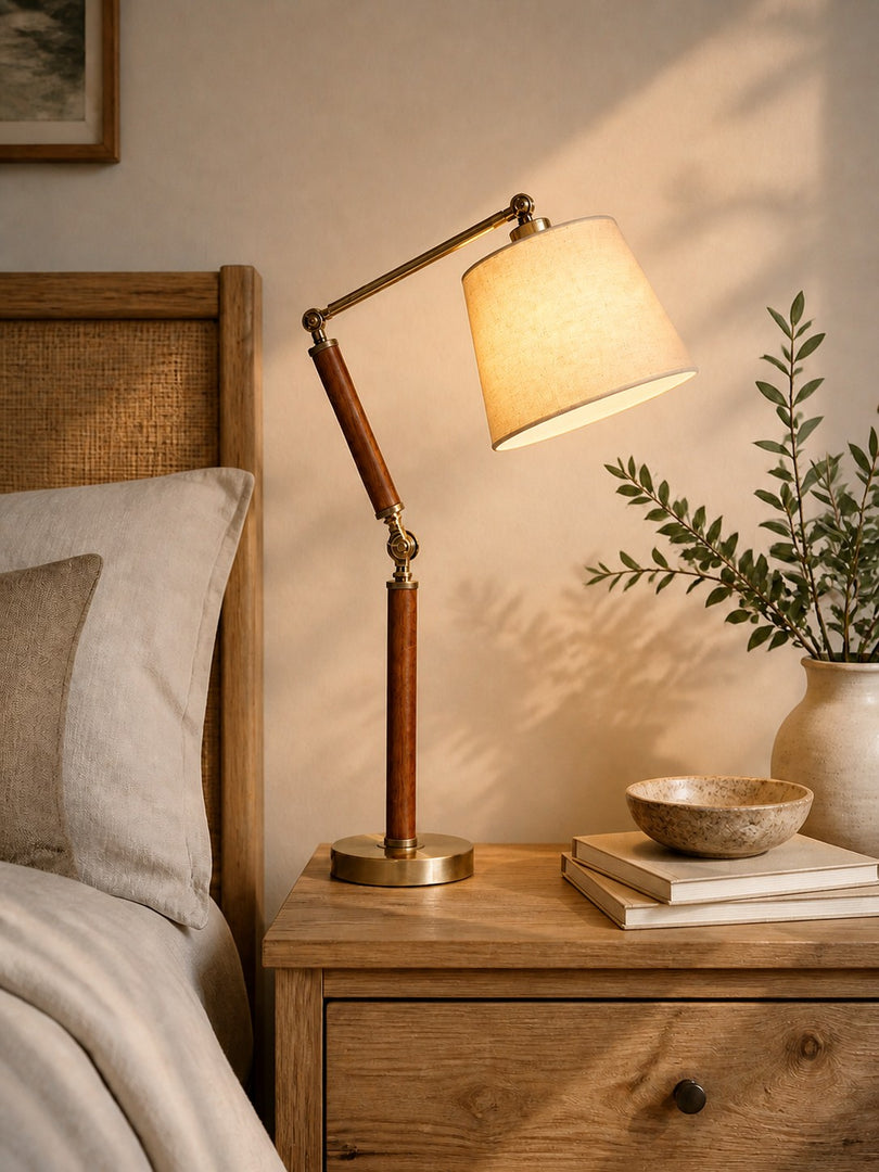 Lampe de table réglable en bois massif avec abat-jour en tissu, pour bureau, table de chevet et coin lecture