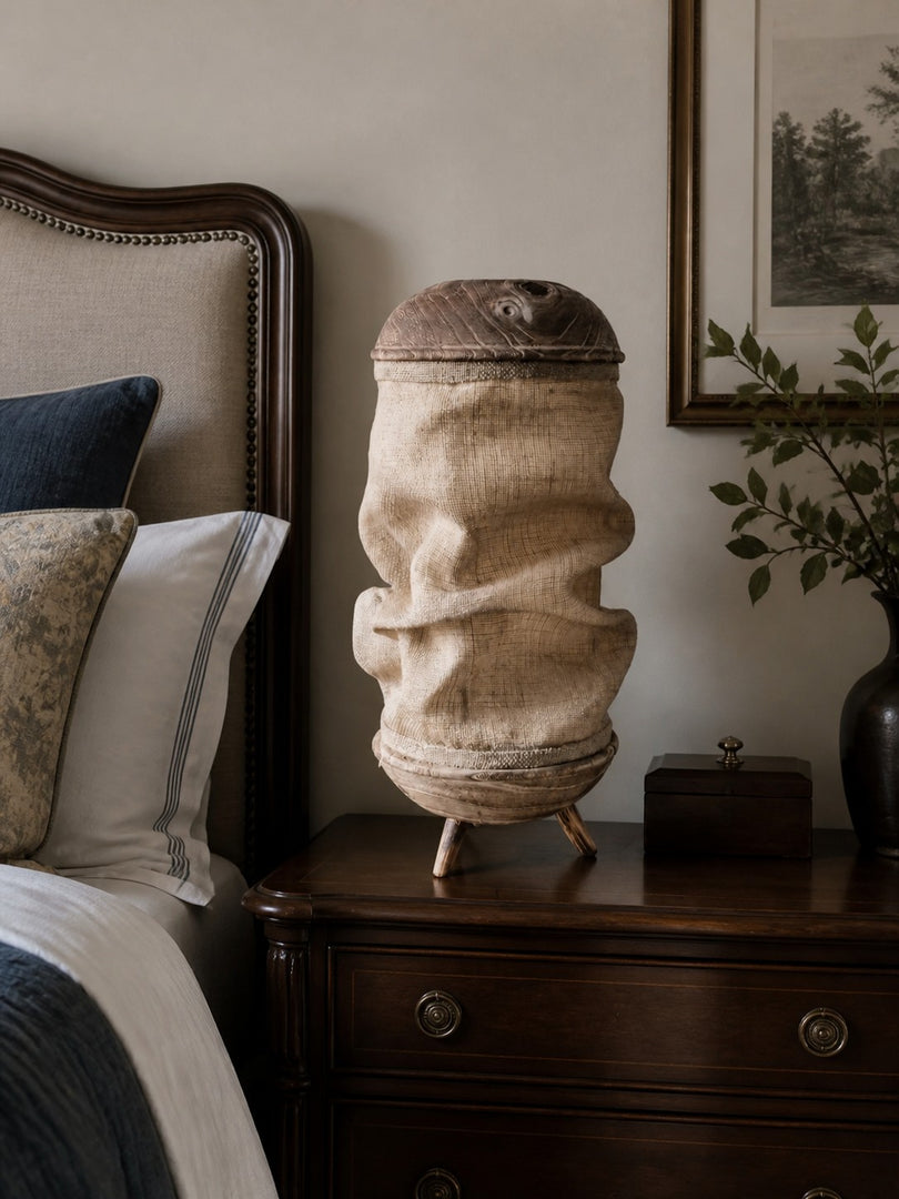 Lampe de table en tissu fabriquée à la main, avec pied sculptural en bois et texture naturelle, pour chambre, salon et console