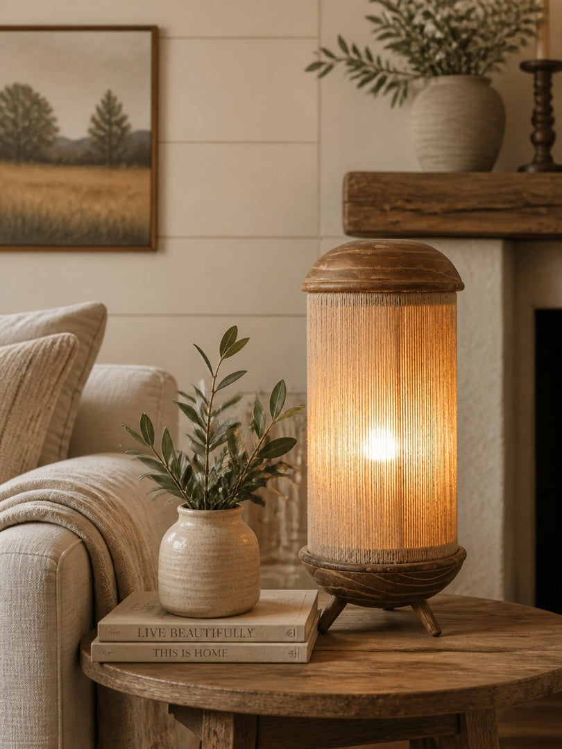 Lampe de table en tissu fabriquée à la main, avec pied sculptural en bois et texture naturelle, pour chambre, salon et console
