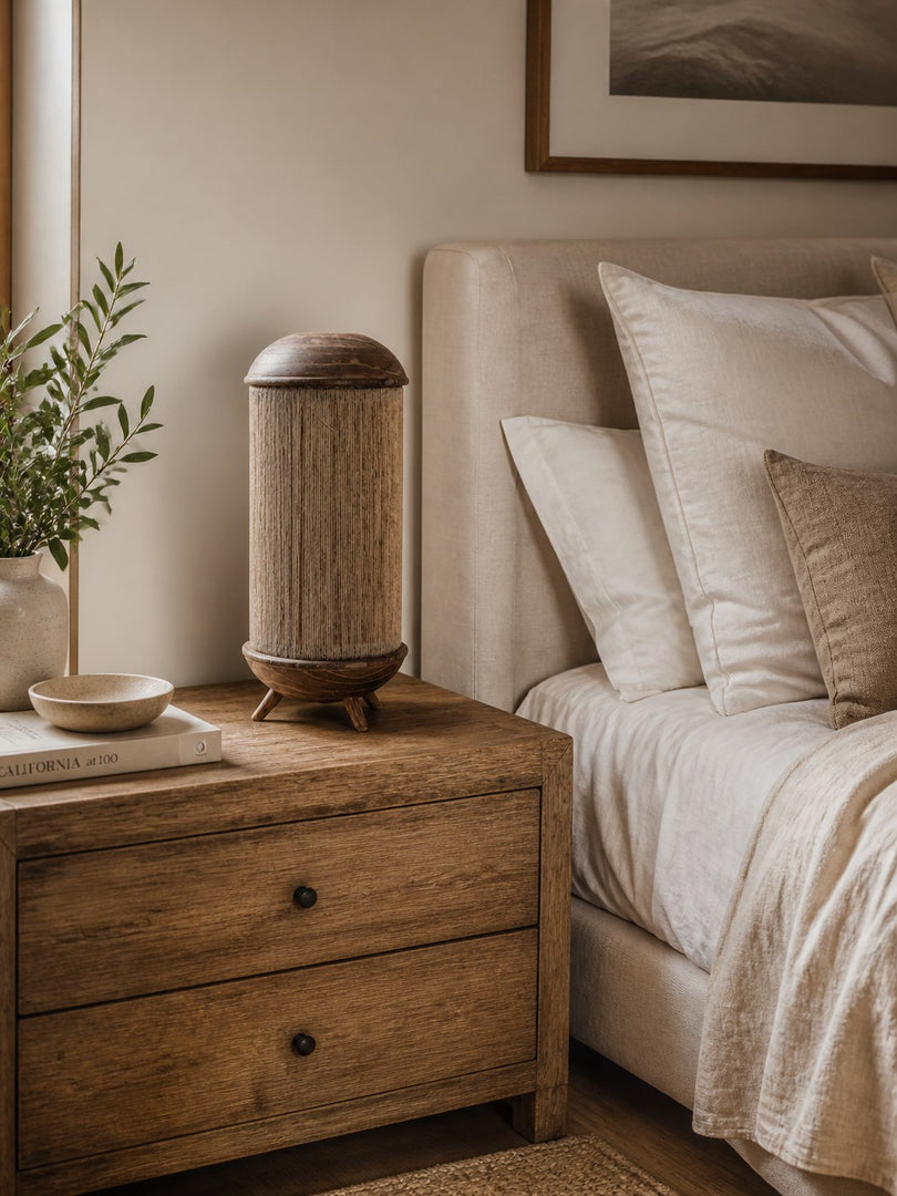 Lampe de table en tissu fabriquée à la main, avec pied sculptural en bois et texture naturelle, pour chambre, salon et console