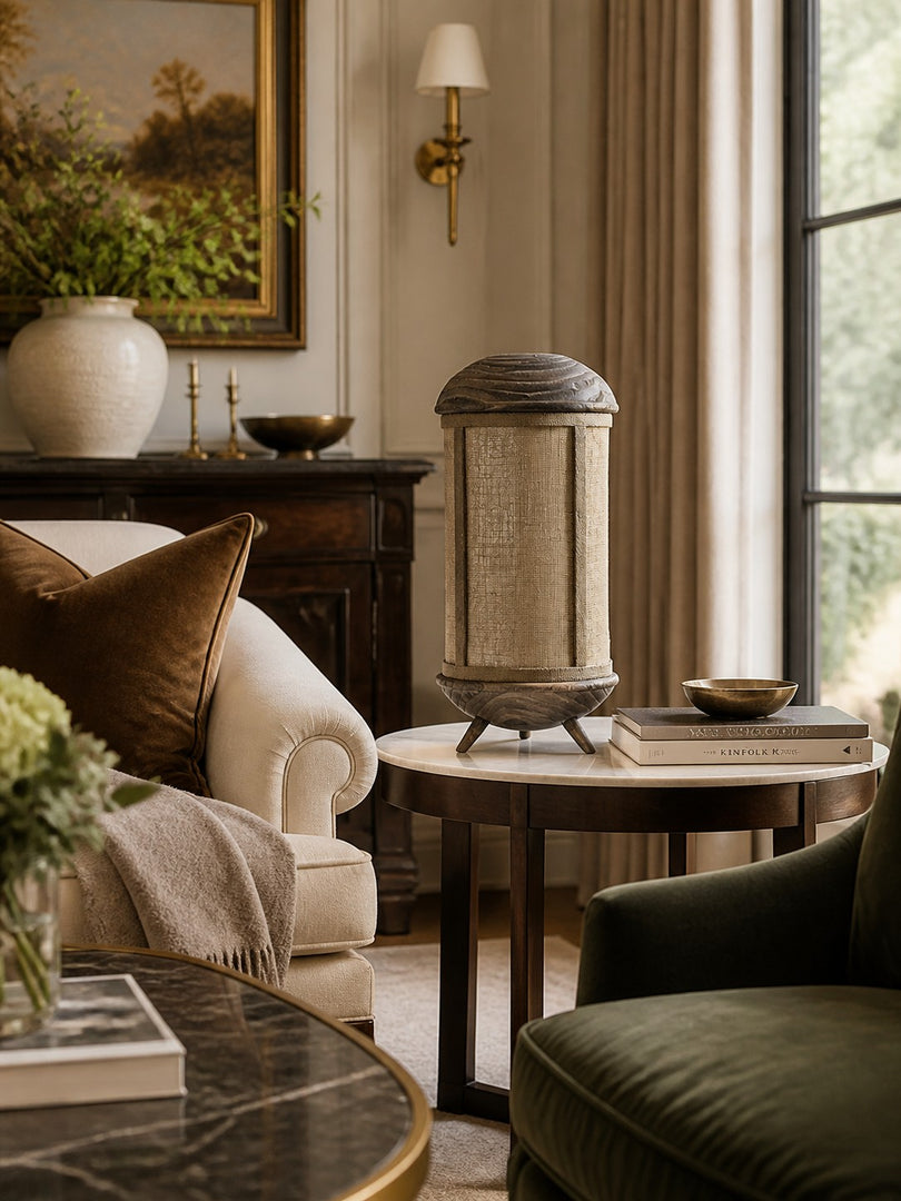 Lampe de table en tissu fabriquée à la main, avec pied sculptural en bois et texture naturelle, pour chambre, salon et console