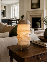 Handcrafted Fabric Table Lamp with Sculptural Wood Base, Natural Texture for Bedroom, Living Room and Console