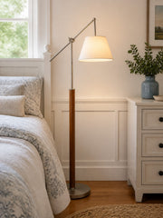 Vintage Swing Arm Floor Lamp with White Fabric Shade, Wood Stem and Brushed Metal Base for Living Room Reading
