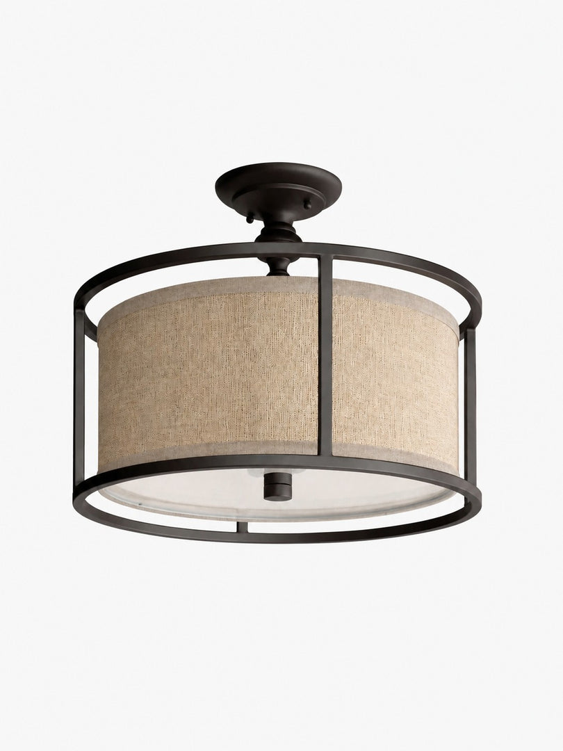 Plafonnier semi-encastré Dumora avec abat-jour tambour en tissu et cadre métallique arrondi, pour chambre et salle à manger