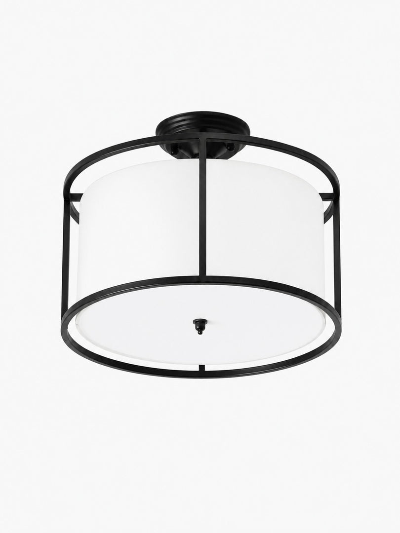 Plafonnier semi-encastré Dumora avec abat-jour tambour en tissu et cadre métallique arrondi, pour chambre et salle à manger