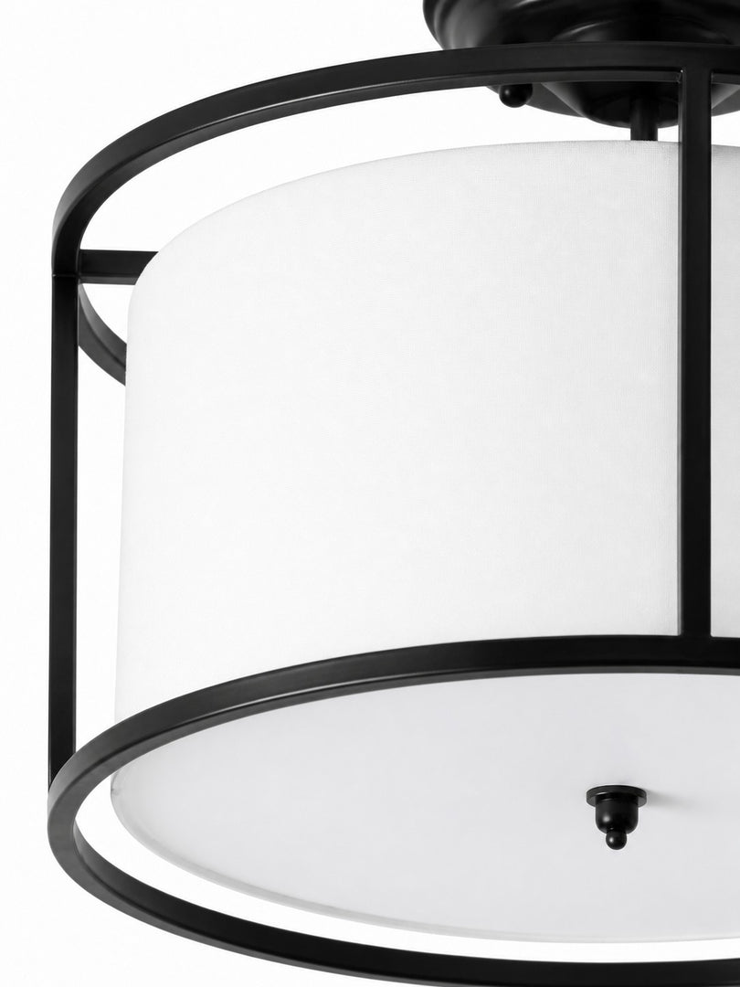 Plafonnier semi-encastré Dumora avec abat-jour tambour en tissu et cadre métallique arrondi, pour chambre et salle à manger