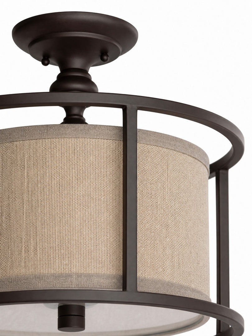 Plafonnier semi-encastré Dumora avec abat-jour tambour en tissu et cadre métallique arrondi, pour chambre et salle à manger